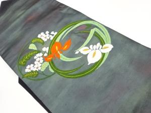 引箔丸に燕子花・花葉模様織出し名古屋帯